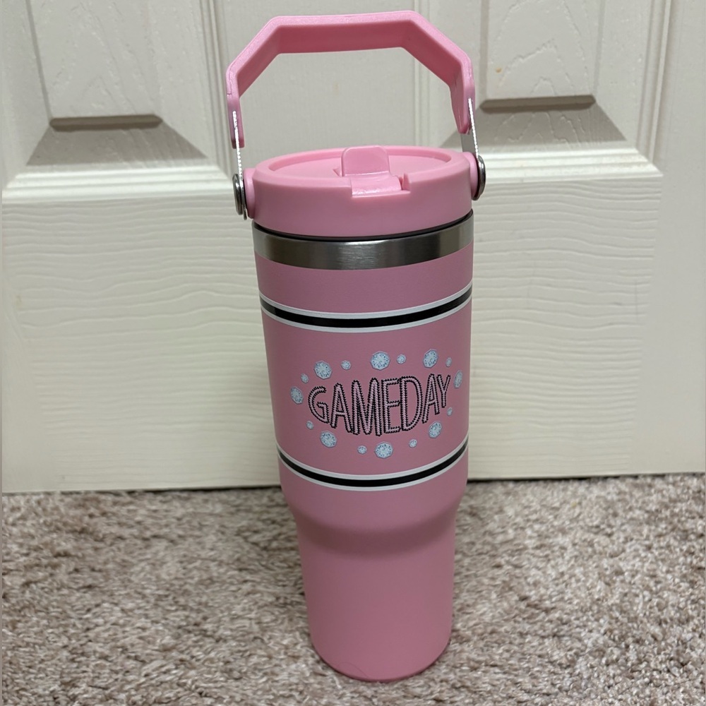 NEW Game Day 30oz Stainless Steel Flip Top Straw Tumbler Pink Black Hot Cold NIB - Picture 6 of 7